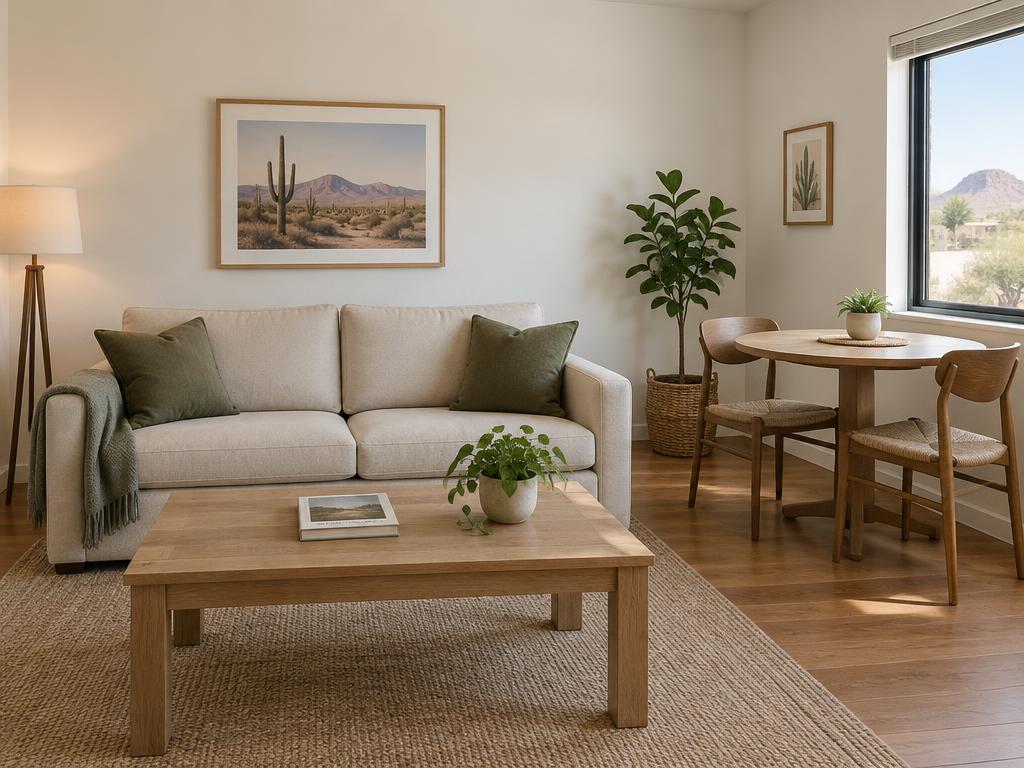 Illustrative furnished apartment with a sofa, dining table, and essential household goods